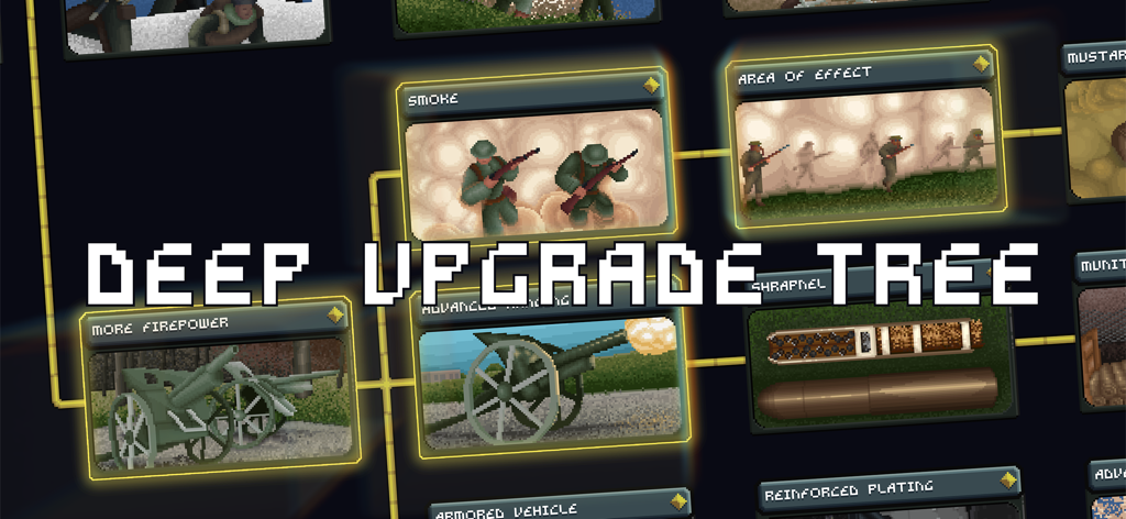 Menu profundo de árvore de upgrades em To The Trenches mostrando upgrades de arte em pixel da 1ª Guerra Mundial