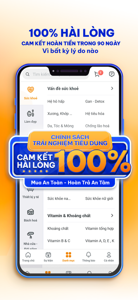 Droppii Mall - Droppii Mall app interface showing a 100 percent satisfaction guarantee banner and health product categories.