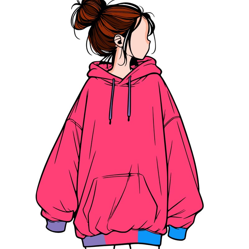 realistic girl with a oversized sweatshirt on and a bun