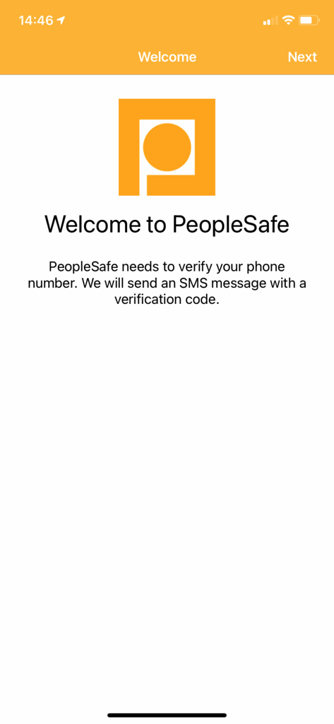 Peoplesafe Alert - Peoplesafe Alert app welcome screen with phone number verification message.