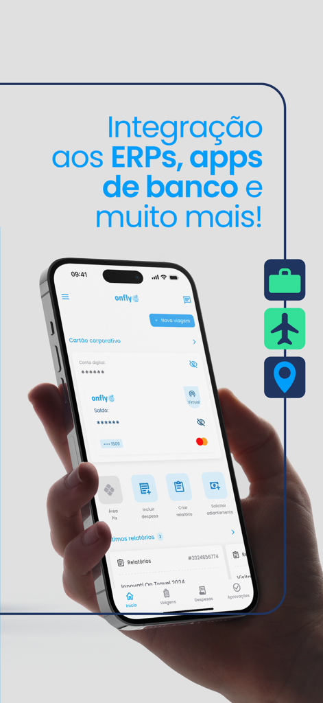Una persona sosteniendo un iPhone con la aplicación Onfly mostrando funciones de integración ERP y bancaria y gestión de tarjetas corporativas.