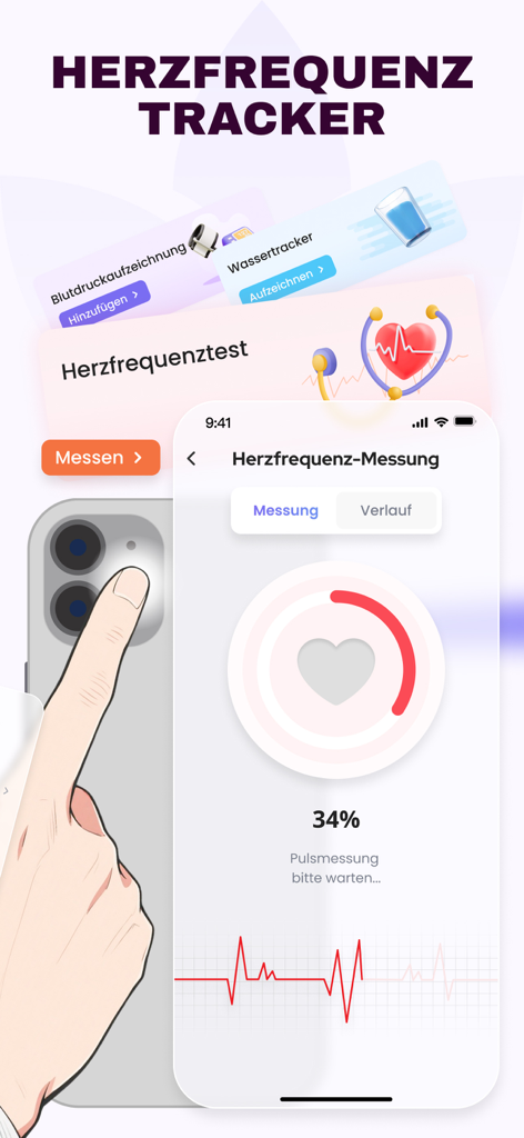 Fit 50+ : Workout & Stuhl Yoga - Uma mão segurando um smartphone para medir o pulso com a câmera como parte da interface do aplicativo de saúde Fit 50 plus.