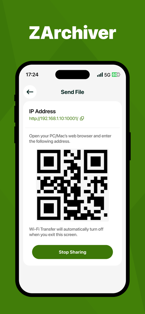 ZArchiver - Extract Zip File - ZArchiver app screen displaying a QR code and IP address for Wi-Fi file transfer