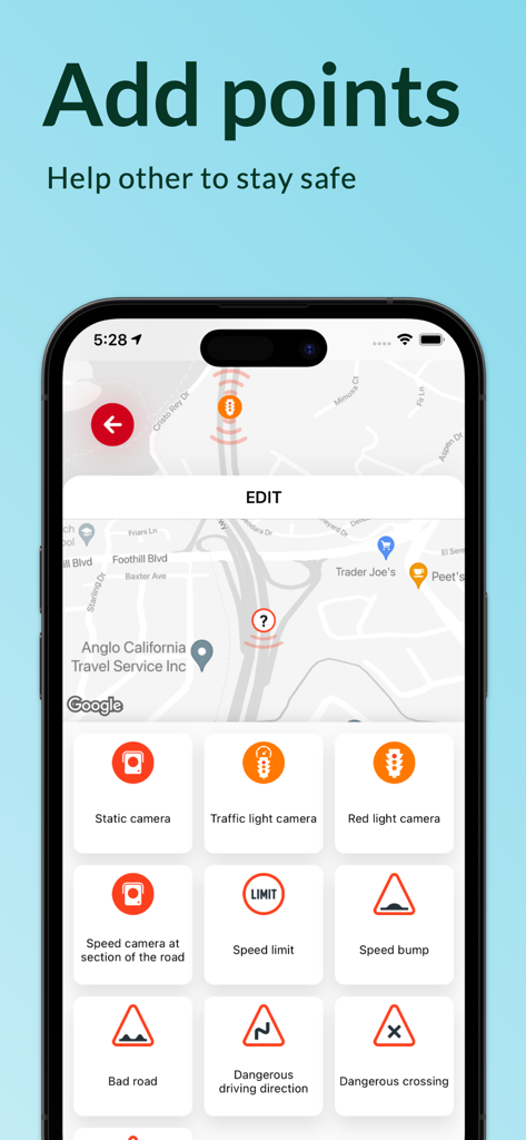 Speed Cameras Radar Detector - Interface showing options to report speed cameras and road hazards in the Speed Cameras Radar Detector app