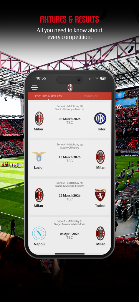 Mobile screen showing upcoming AC Milan match schedule and fixtures with team logos