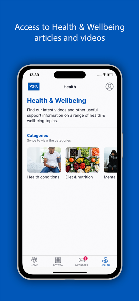 WPA Health - WPA Health app interface showing health and wellbeing categories for medical support