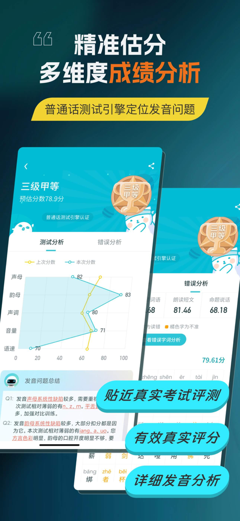 普通话测试-全国普通话水平测试专用练习 - 普通話テストアプリでのAI駆動型中国語発音分析とスコアの内訳。