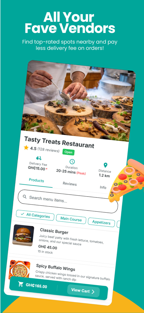 Madingo: Food Delivery & More - Interfaz de la aplicación móvil Madingo que muestra el menú de un restaurante con opciones de comida local y detalles de entrega