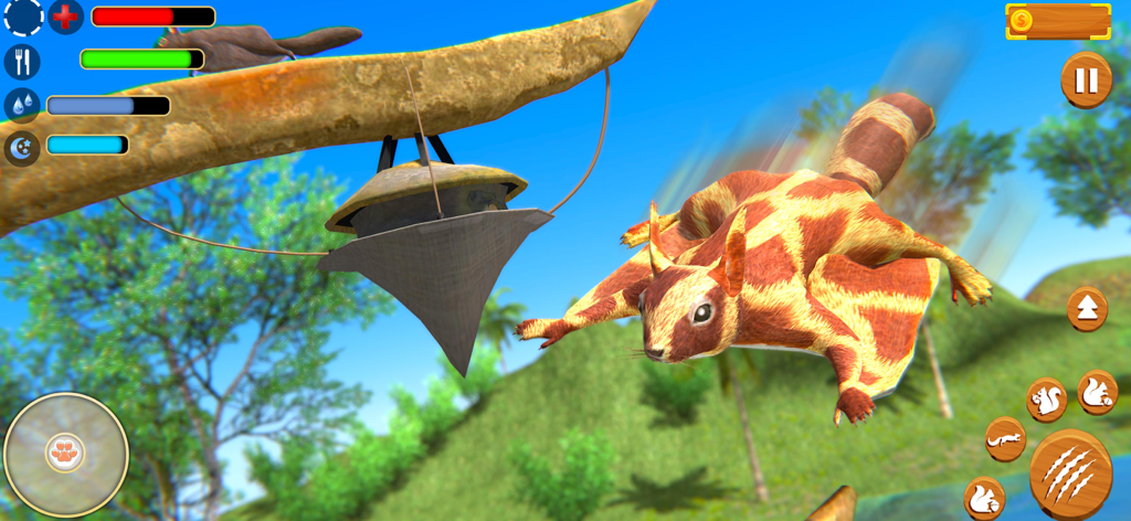 Virtual Squirrel Family Sim 3D - A flying squirrel gliding through a jungle in Virtual Squirrel Family Sim 3D
