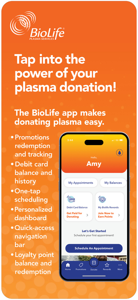 BioLife Plasma Services - 스마트폰 인터페이스에 원탭 예약 및 보상 추적과 같은 BioLife Plasma Services 앱 기능을 강조하는 프로모션 그래픽