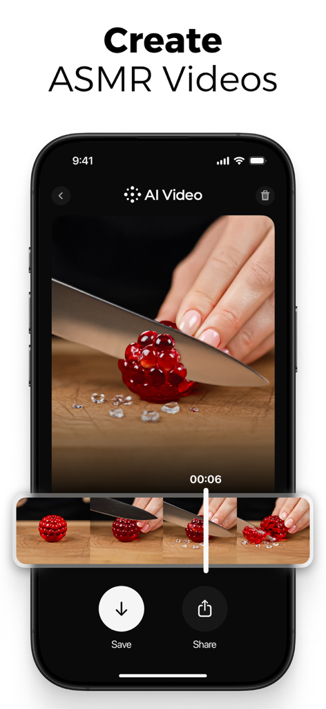 AI Video app interface showing a user creating an ASMR video of a knife slicing a red object on a wooden board.