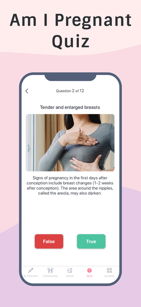 Pregnancy test Checker/Scanner - A mobile app screen showing a pregnancy prediction quiz question about tender and enlarged breasts with true and false answer buttons