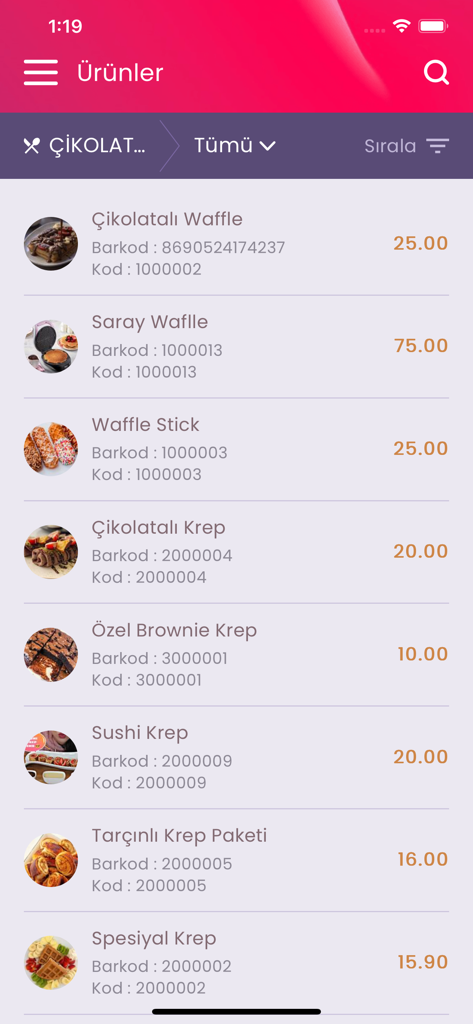Menulux Boss - Menulux Boss mobile app screen displaying a product list with dessert items, prices, and barcodes