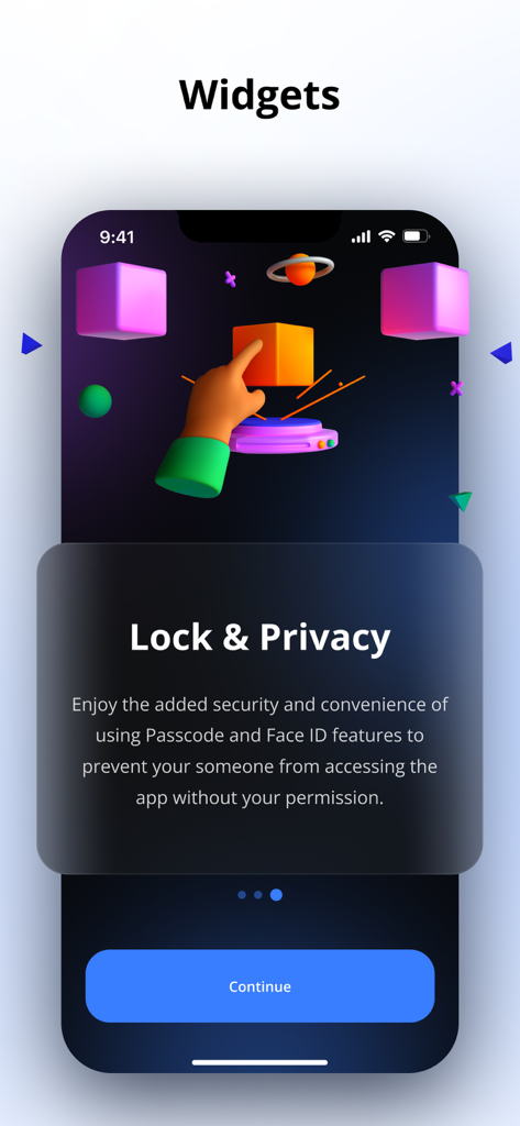Shadow: Apps Restrictions - Shadow app interface showing Lock and Privacy features with Face ID and Passcode security.