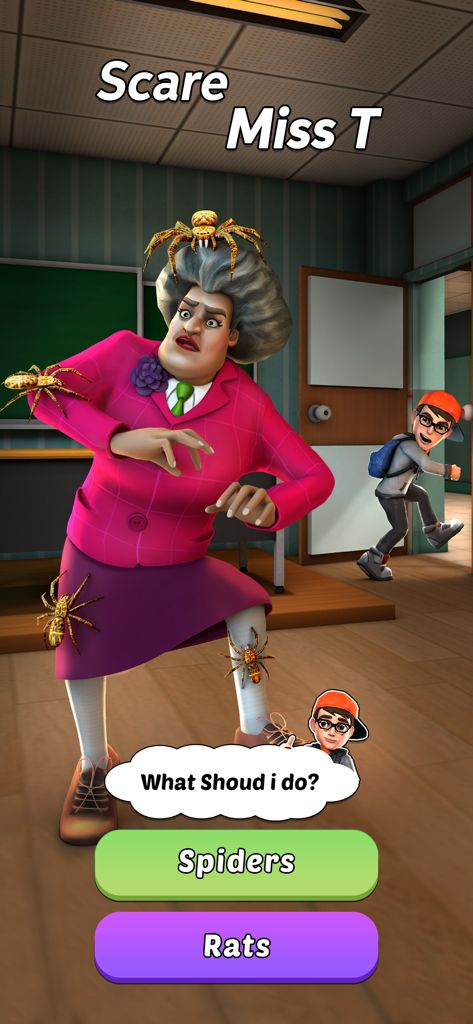 Nick pranking Miss T with spiders in a classroom