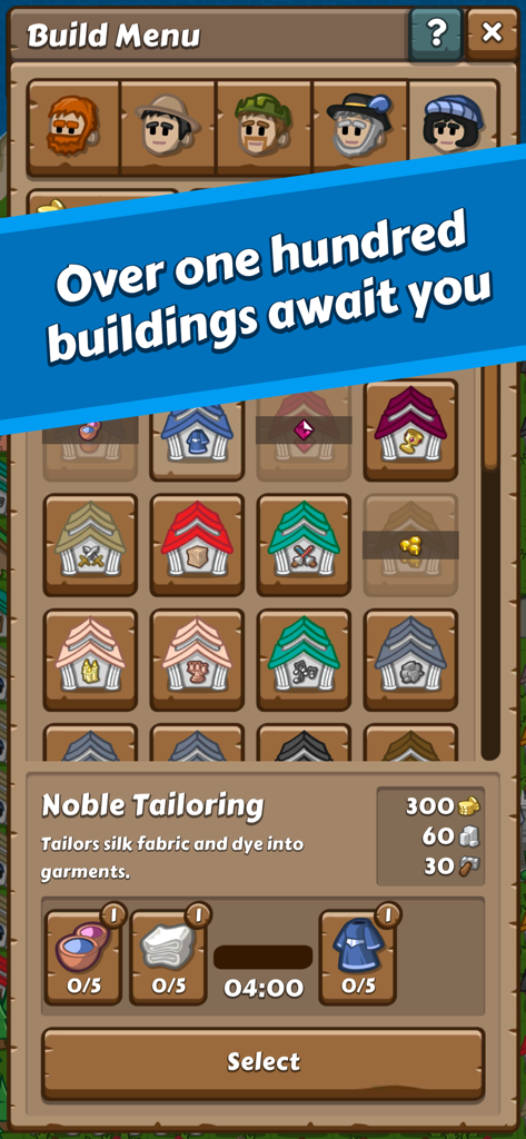 Paragon Pioneers - Menú de construcción en Paragon Pioneers que muestra diversas opciones de edificios y detalles de producción de sastrería noble