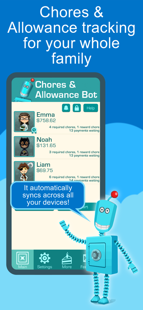 Chores & Allowance Bot - Chores and Allowance Bot app interface showing family chore lists and balance tracking with automatic device syncing.