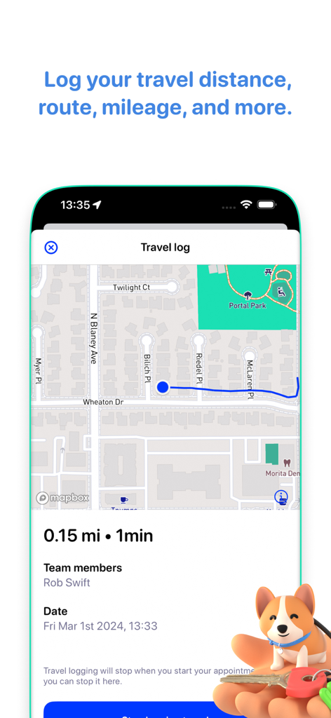 Walkies: Pet Sitting & Walking - Screenshot of Walkies app travel log interface showing GPS route map and mileage tracking for pet sitters.