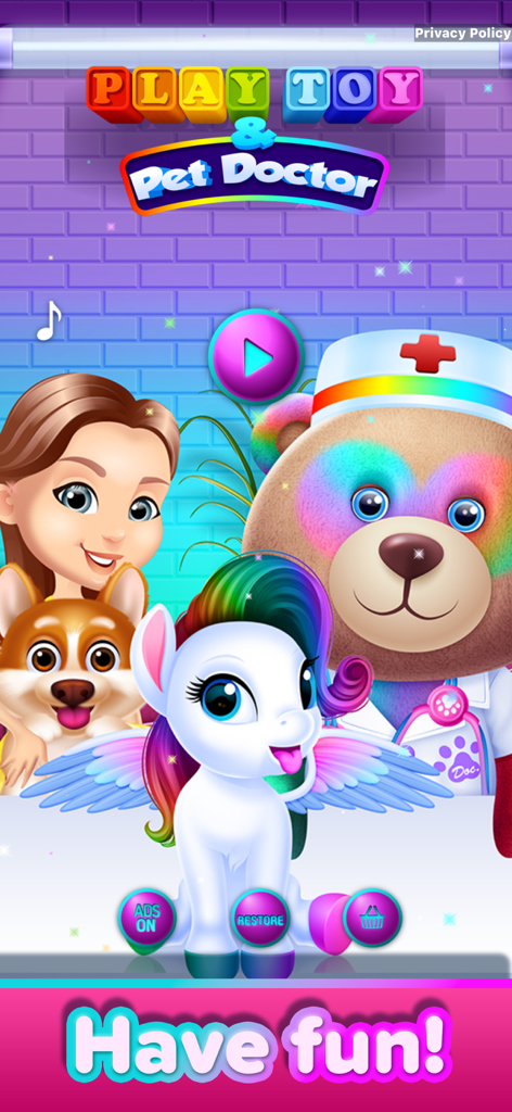Play Toy & Pet Doctor - Menú principal del juego Juego Doctor de Juguetes y Mascotas con una niña, un cachorro, un unicornio arcoíris y un oso de peluche doctor