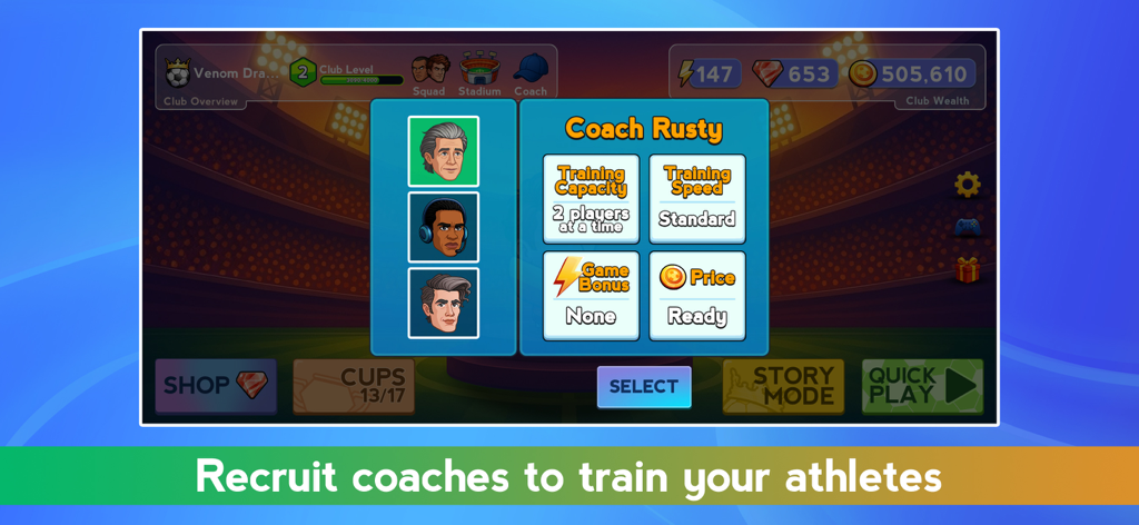 Foot Brawl - Fun Head Football - Un menú en Foot Brawl que muestra opciones para reclutar y seleccionar entrenadores como el Entrenador Rusty con estadísticas de capacidad de entrenamiento y velocidad.