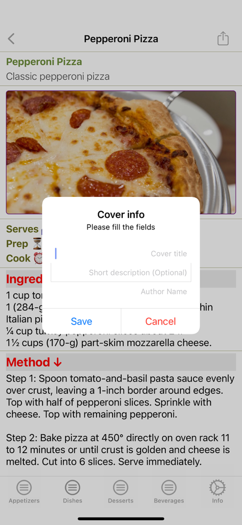 My Recipes: Create and Share - Bearbeiten von Rezept-Cover-Informationen für Pepperoni-Pizza in der Meine Rezepte App