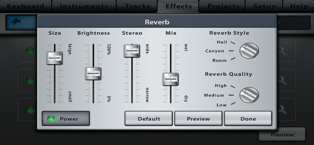 Reverb effect interface in Music Studio Lite with sliders and style selection
