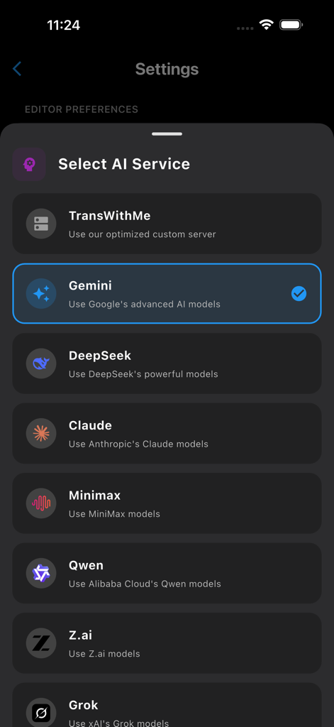 Trans With Me - Settings screen in Trans With Me app showing a list of AI translation models including Gemini Claude and DeepSeek