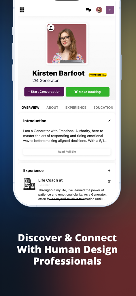 HumanDesign.ai - A profile page of a Human Design professional in the HumanDesign.ai app featuring a life coach and a booking option.