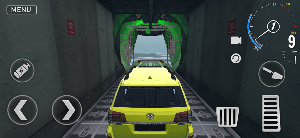 A yellow SUV driving out of the back of a cargo plane in the Car Crash Premium offline game.