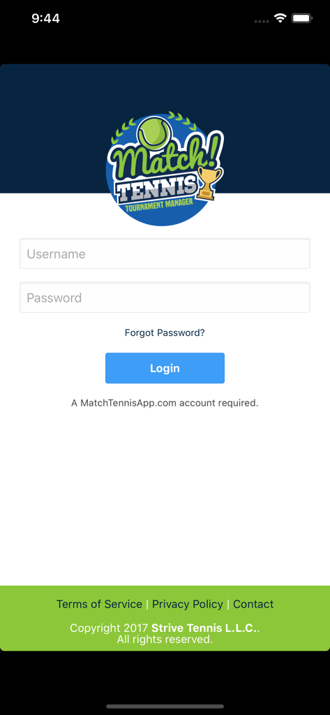 Match! Tennis App - Login screen for Match Tennis App showing username and password input fields