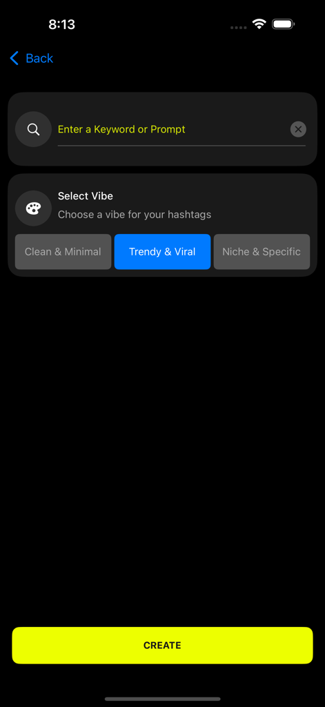TikZag+ Tiktok Likes More Tags - TikZagでキーワードからトレンドのハッシュタグを生成するためにバイブを選択するインターフェース