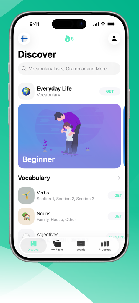 LENGOアプリのディスカバ画面。語彙カテゴリと初心者レベルのコースを表示