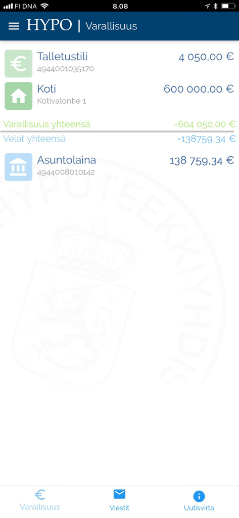 Mobile app screen for Hypon Mobiilipankki displaying asset and debt totals including home value and mortgage