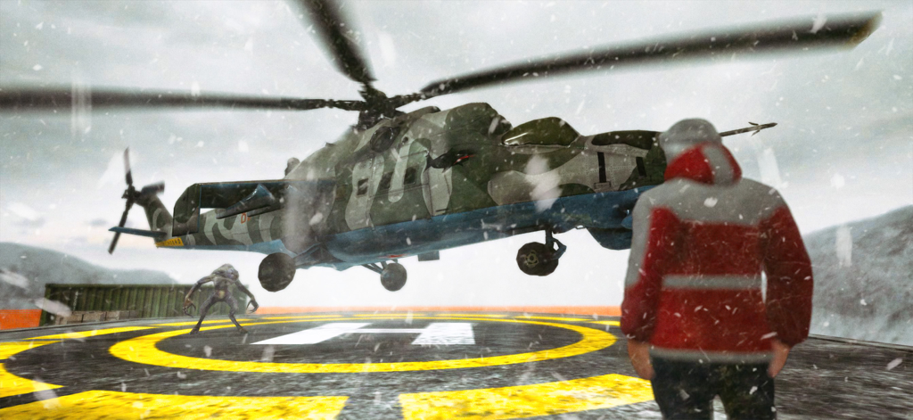 Antarctica 88: Scary Games - Un personaje con una parka roja observa cómo un helicóptero militar aterriza cerca de un monstruo en una helisuperficie nevada en la Antártida.