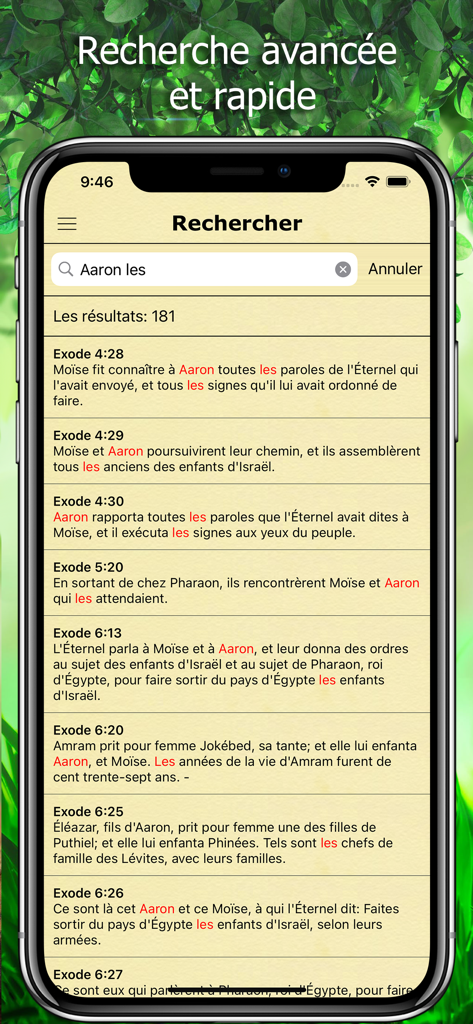La Bible Traduction par Segond - A search interface within the French Louis Segond Bible app showing highlighted results for biblical verses