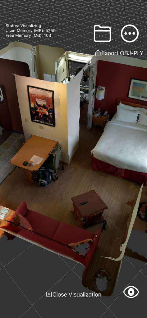 RTAB-Map - 3D LiDAR Scanner - RTAB-Map app interface showing a 3D LiDAR scan of a room with visualization and export options.