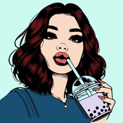 realistic girl with glossy lips holding boba