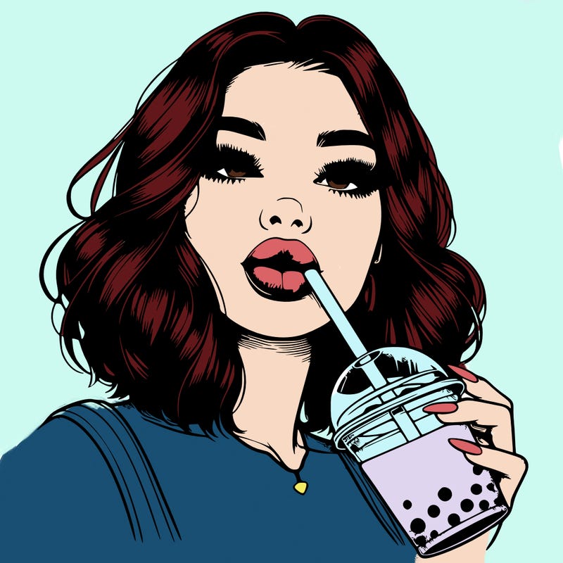 realistic girl with glossy lips holding boba