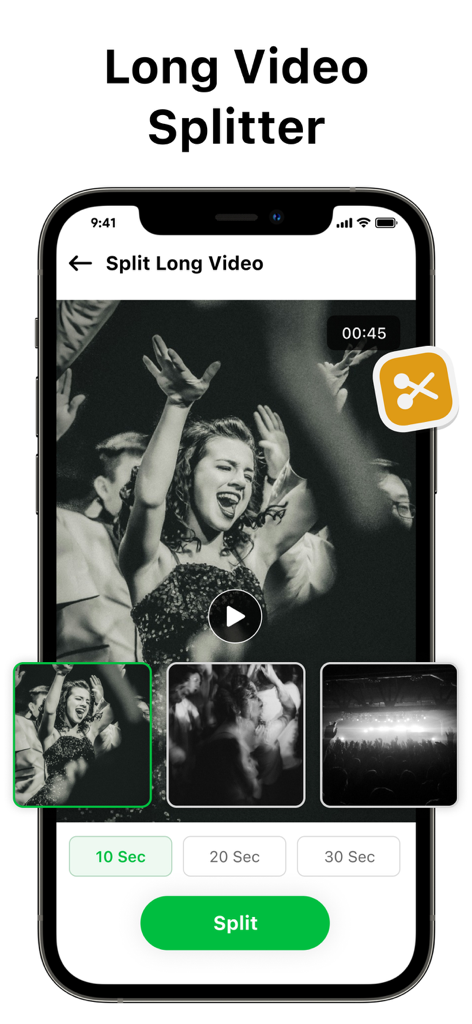 Dual App - Web Scanner App - Interface of the long video splitter feature within the app showing options to trim video into segments