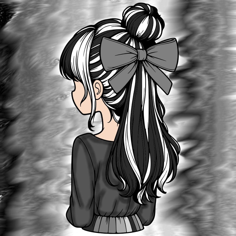 realistic girl  with hip length hair a bun and a big bow on the back of head