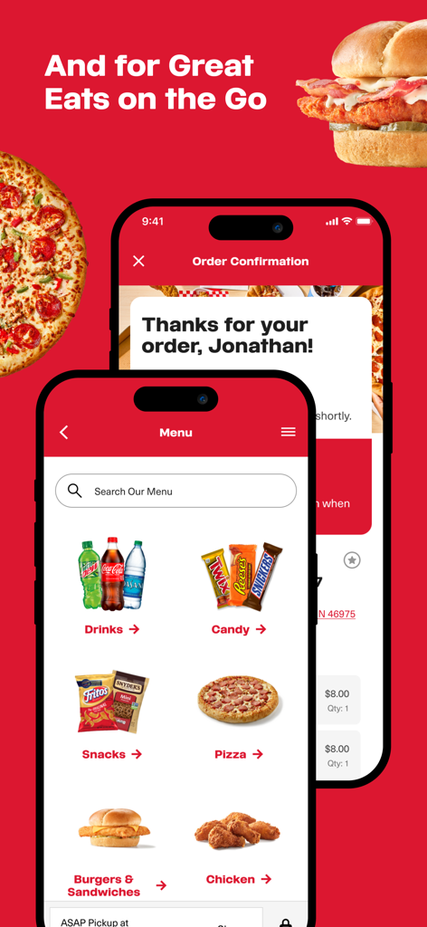 Un'interfaccia mobile per l'app Pilot myRewards che mostra un menu con categorie di cibi come pizza e panini e una schermata di conferma dell'ordine.