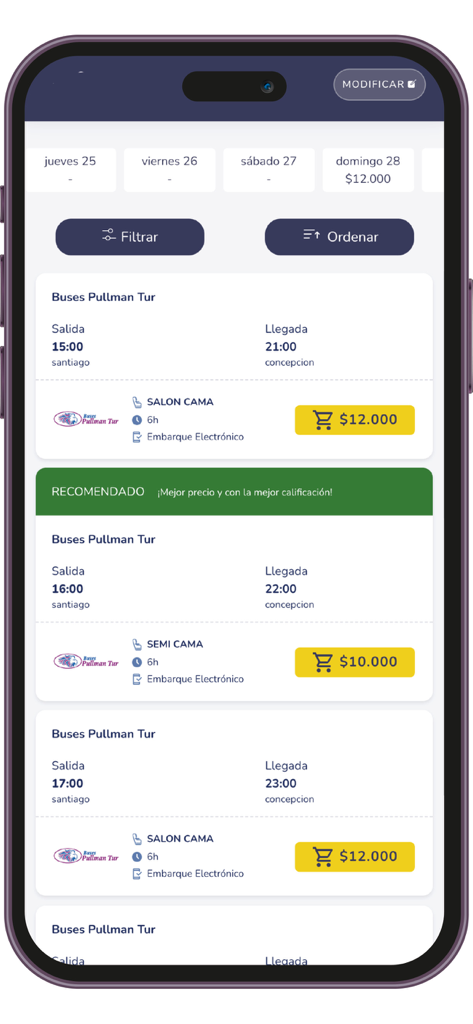 Pullman Tur - Resultados de búsqueda de autobuses de la app Pullman Tur que muestran horarios y precios de viajes de Santiago a Concepción