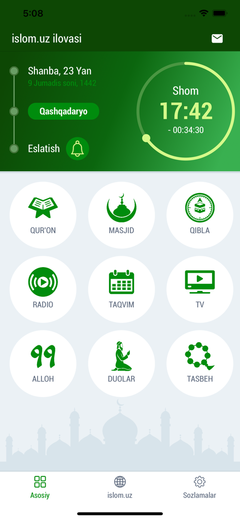Tela principal do aplicativo Islom.uz com horários de oração e ícones de serviços religiosos em uzbeque