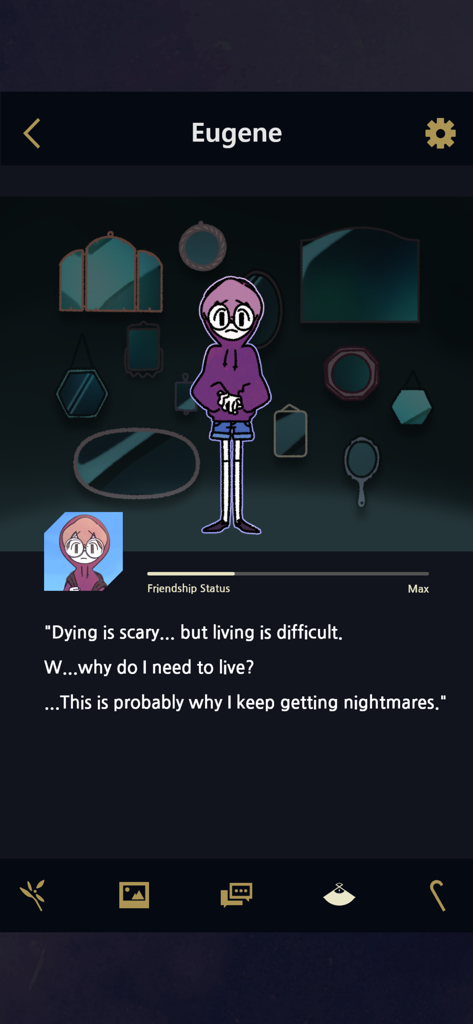 Underworld Office: Ghost Story - Eugene character profile in Underworld Office showing friendship status and emotional dialogue