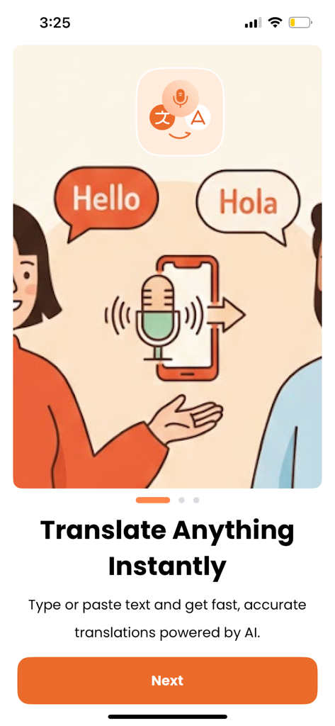 Talkify - AI Voice Translator - Talkify AI Voice Translator onboarding screen featuring the text Translate Anything Instantly and an illustration of voice translation between two people