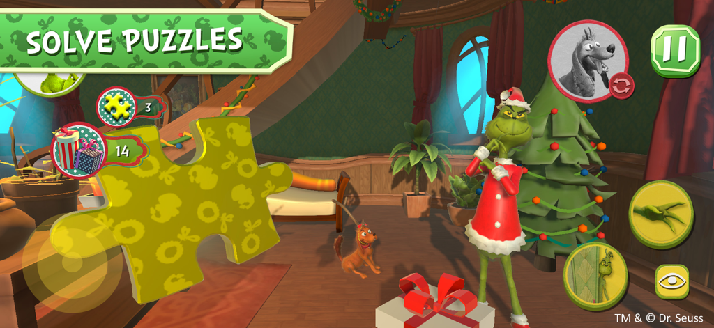 The Grinch - The Grinch in a Santa suit standing by a large yellow puzzle piece in a festive room