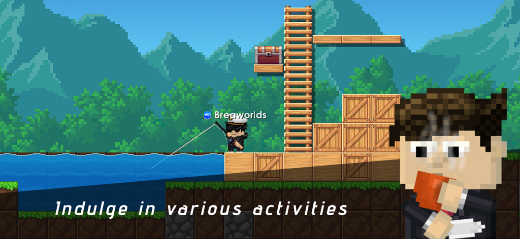 A pixel art character fishing in the Breaworlds sandbox MMO game with wooden platforms and hills in the background