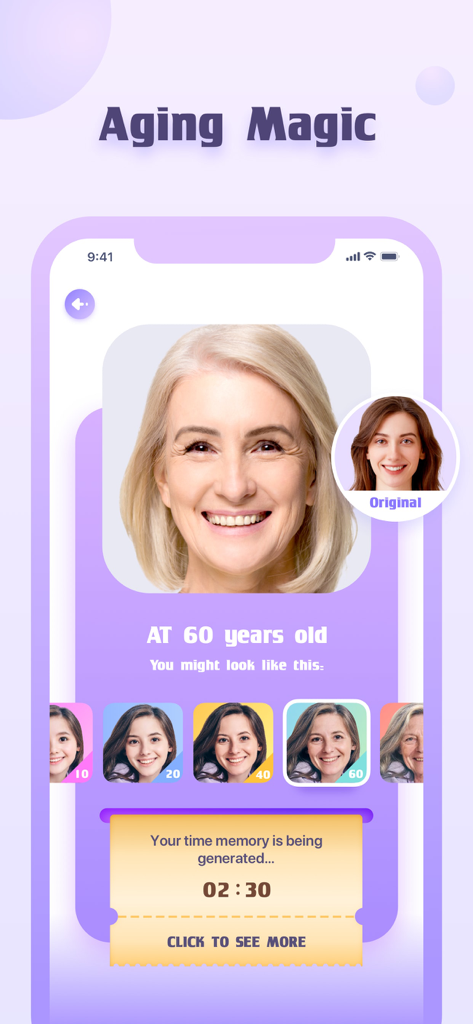 AI aging filter interface showing a young woman face transformed to look sixty years old