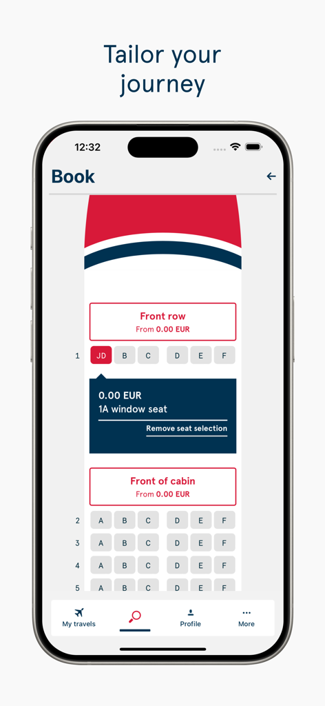 비행기 객실 지도가 표시된 노르웨이안 항공 여행 도우미 앱 좌석 선택 화면