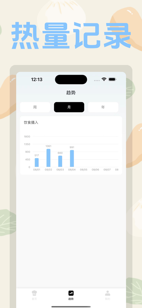热量计算-食物热量计算器 - Un grafico a barre che mostra i registri giornalieri dell'apporto calorico dietetico all'interno dell'app mobile del calcolatore di calorie.
